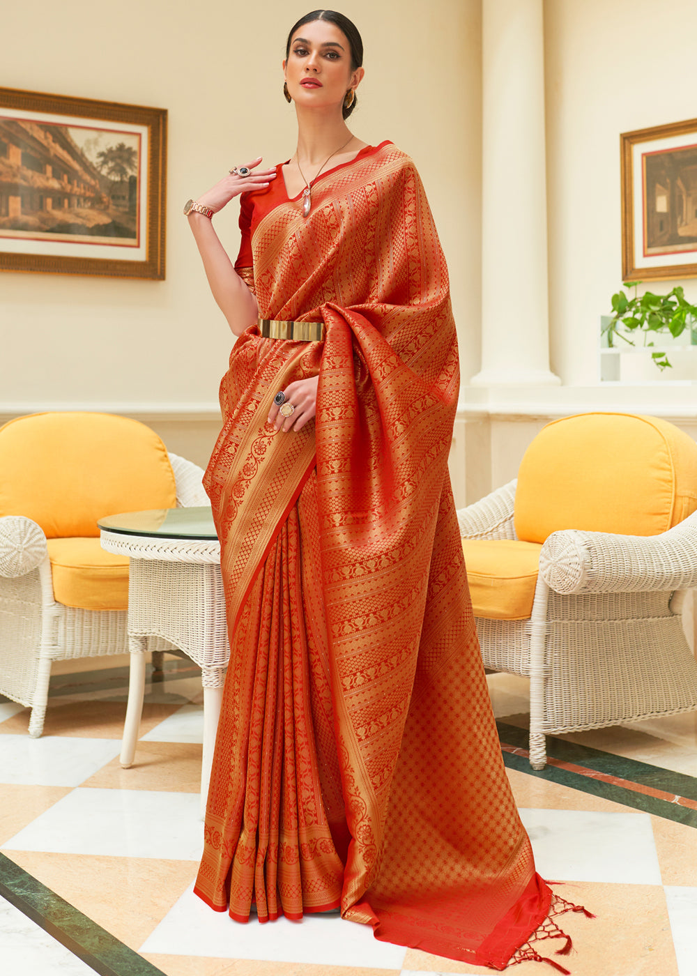 Buy MySilkLove Vivid Red Zari Woven Kanjivaram Saree Online