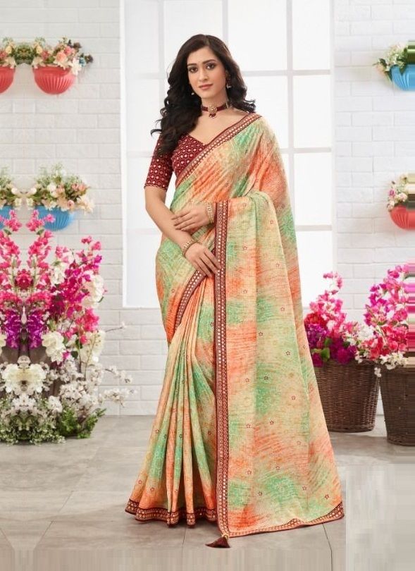 Buy MySilkLove Apricot Multicolor Chinon Printed Saree Online