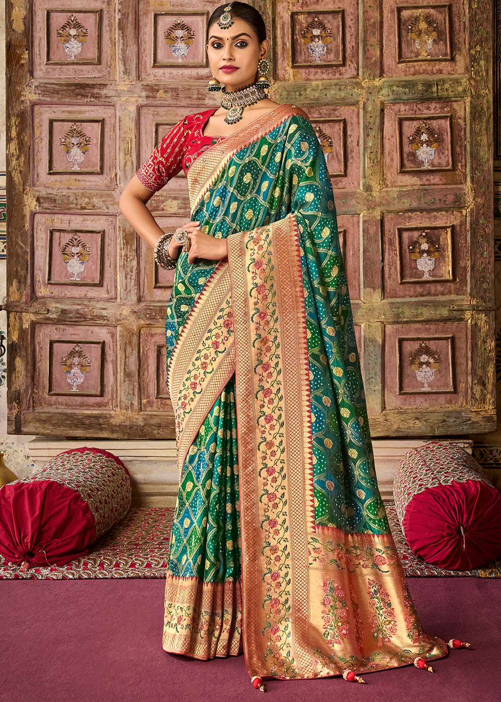 Buy MySilkLove Stromboli Green and Red Patola Printed Dola Silk Saree With Embroidered Blouse Online