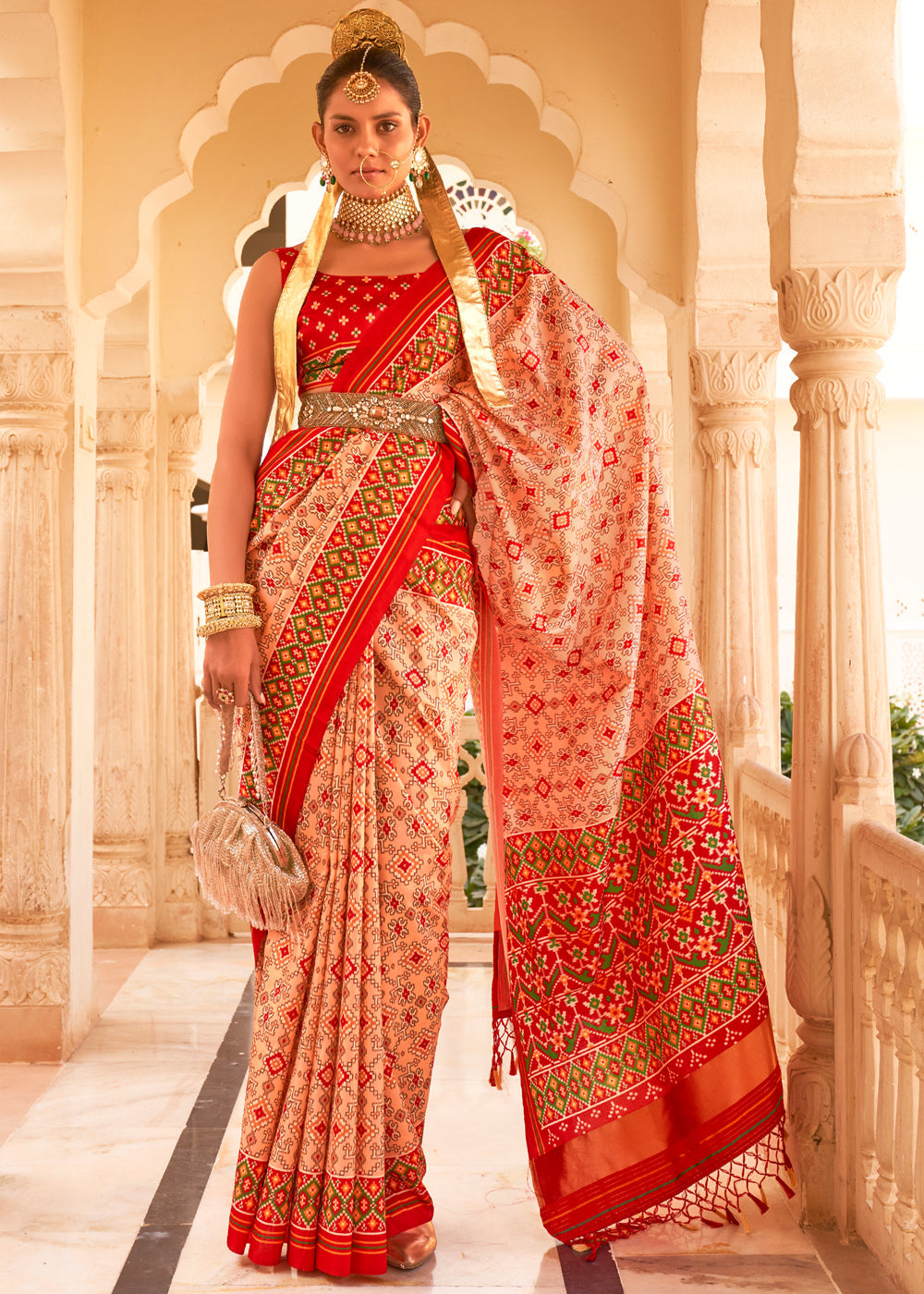 Buy MySilkLove Peach Off White and Red Printed Patola Tussar Saree Online