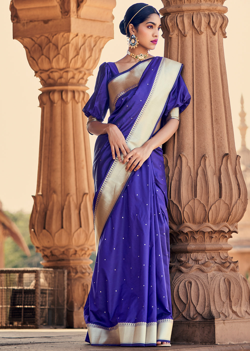 Buy MySilkLove Cosmic Cobalt Blue Woven Banarasi Satin Silk Saree Online