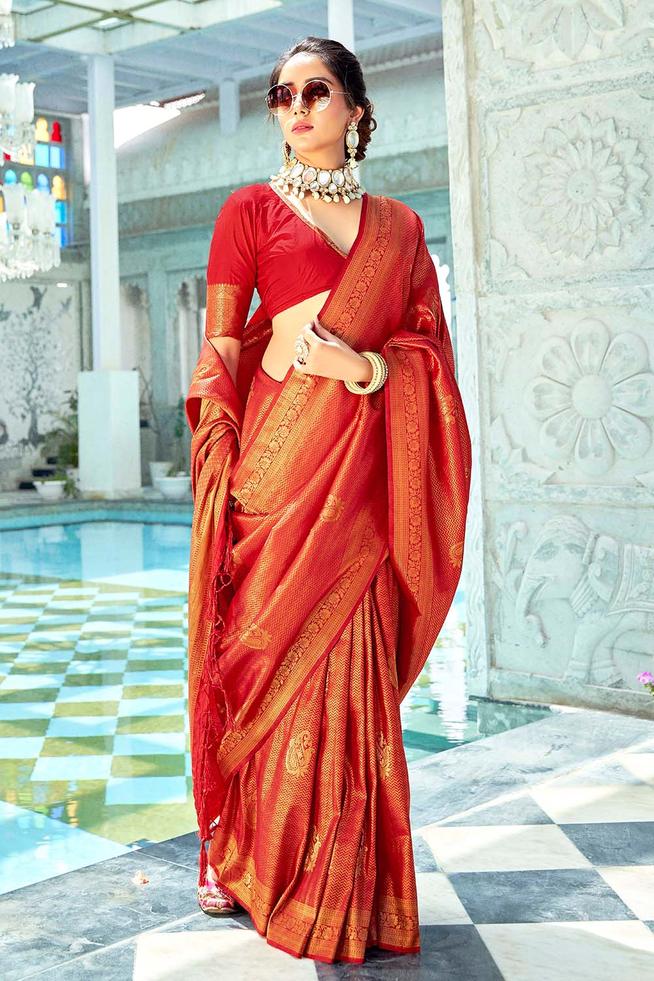 Buy MySilkLove Tall Poppy Red Zari Woven Kanjivaram Saree Online