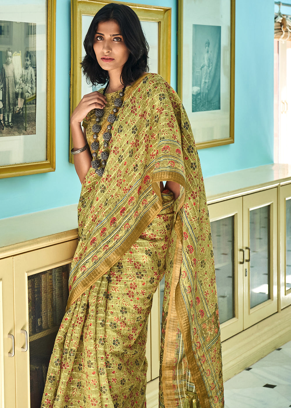 Buy MySilkLove Laser Green Printed Linen Saree Online