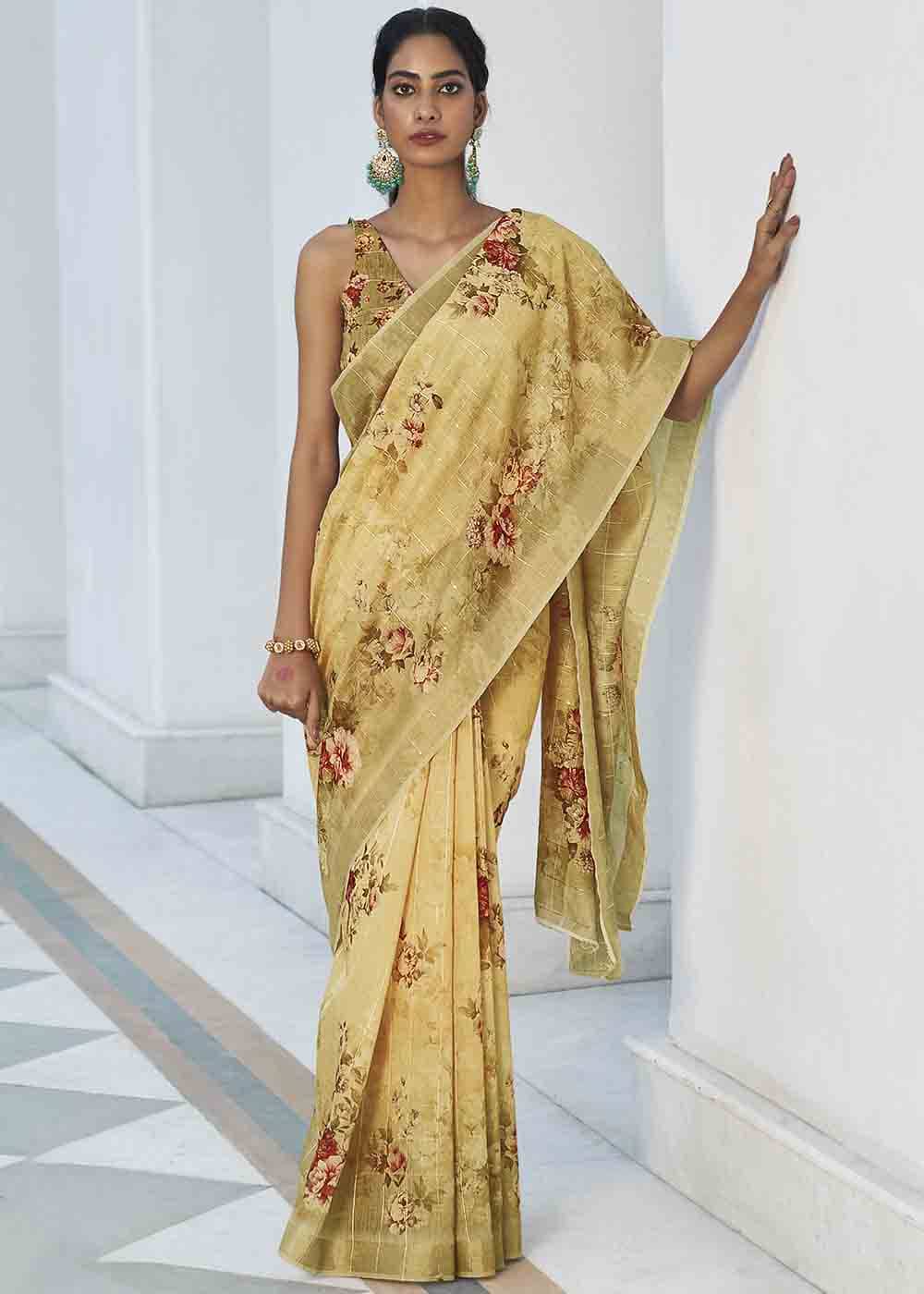 Buy MySilkLove Buttermilk Yellow Digital Floral Printed Saree Online