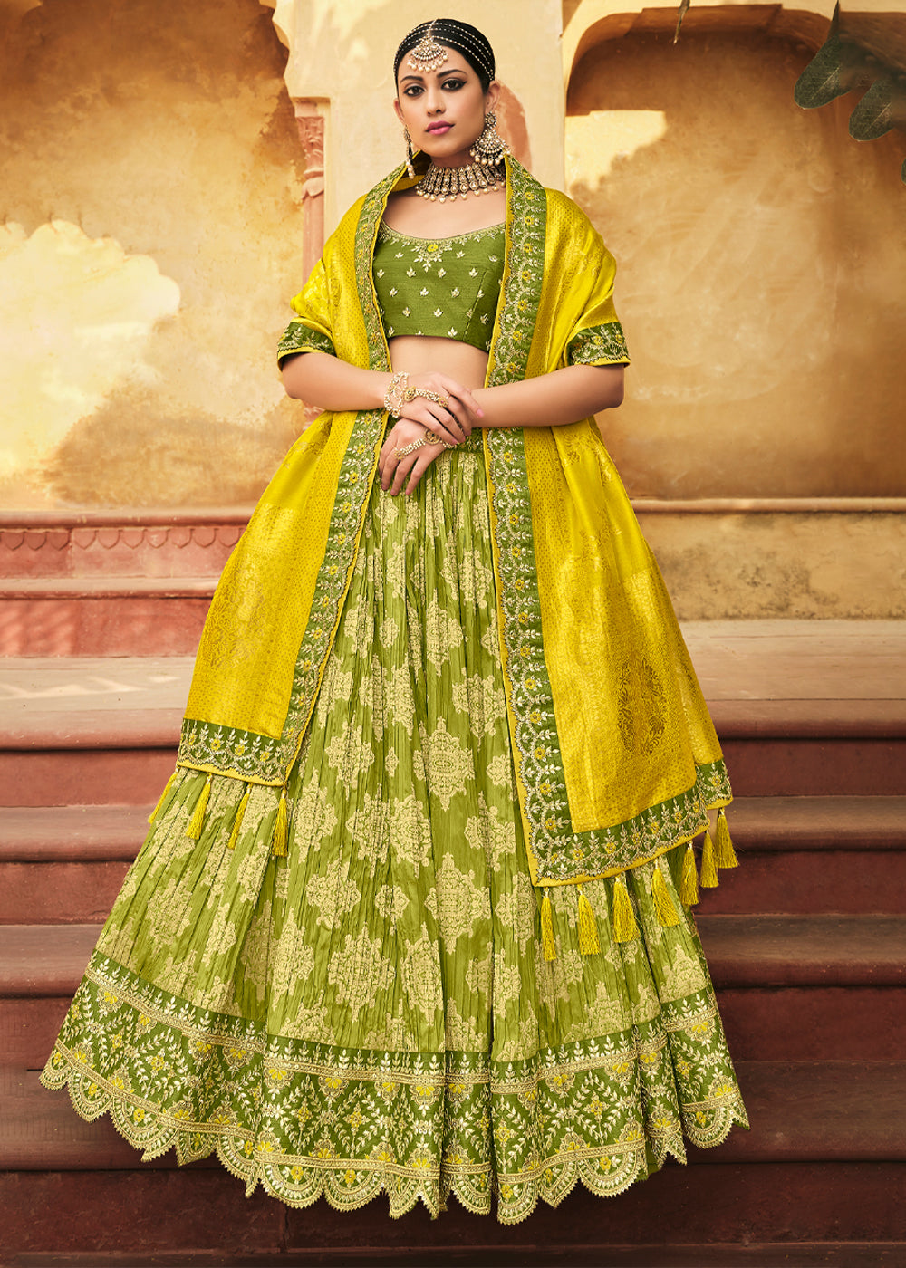 Buy MySilkLove Olivetone Green Heavy Embroidered Lehenga Online