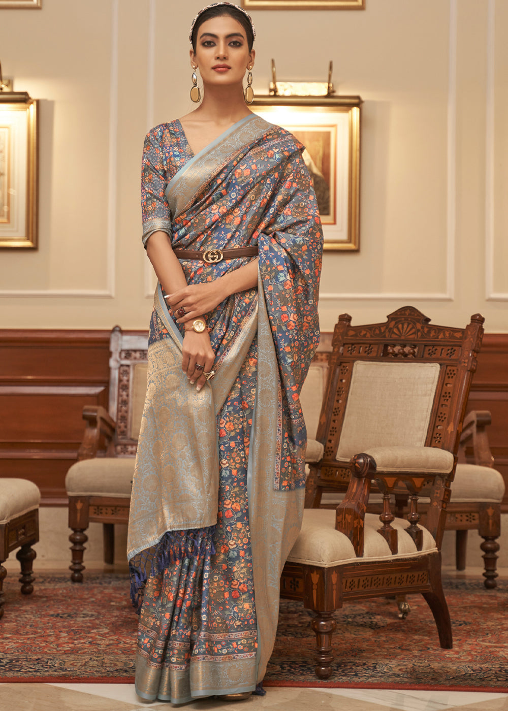 Buy MySilkLove Salt Box Grey Banarasi Digital Printed Saree Online