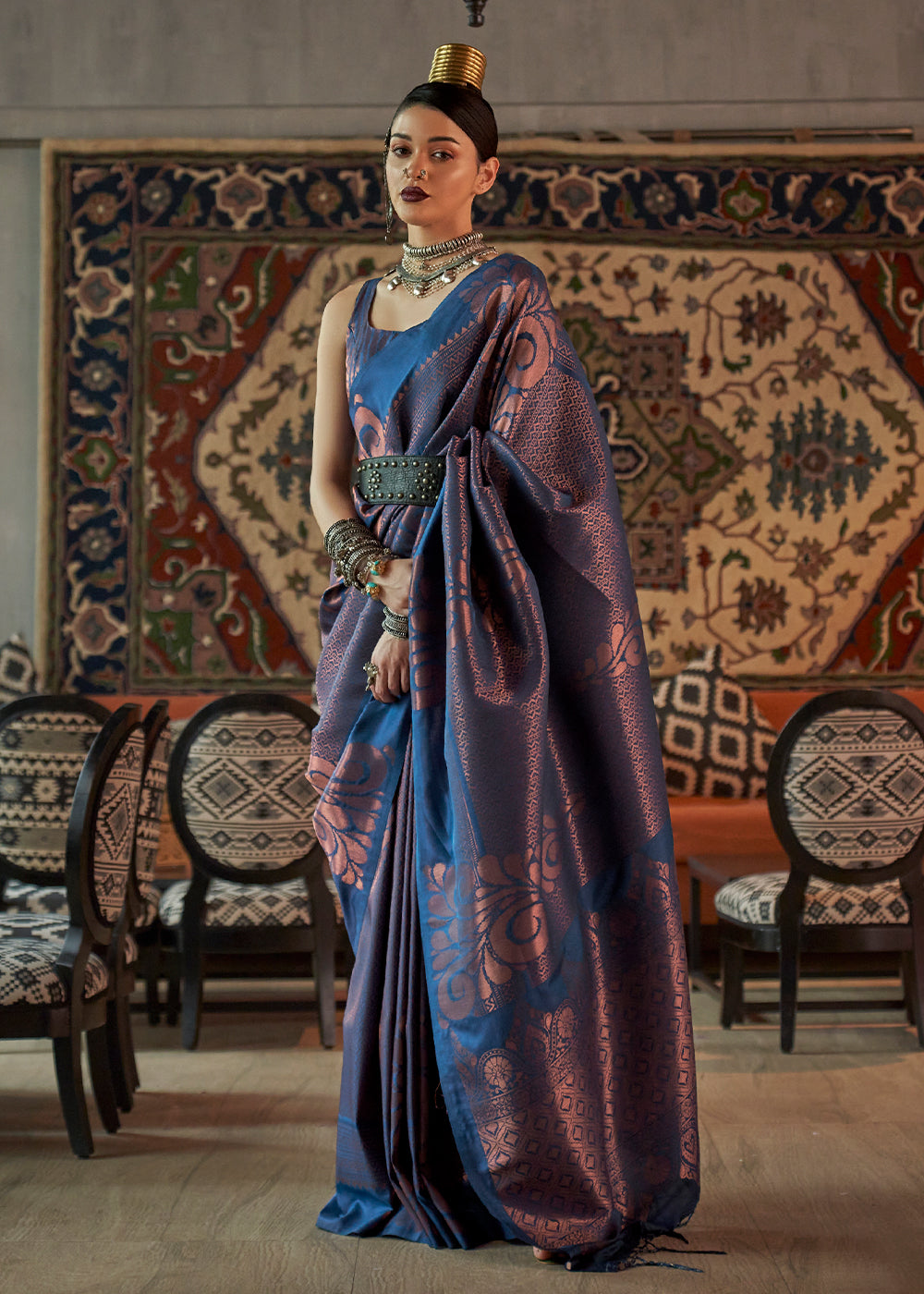 Buy MySilkLove Baltic Blue Copper Zari Woven Banarasi Saree Online