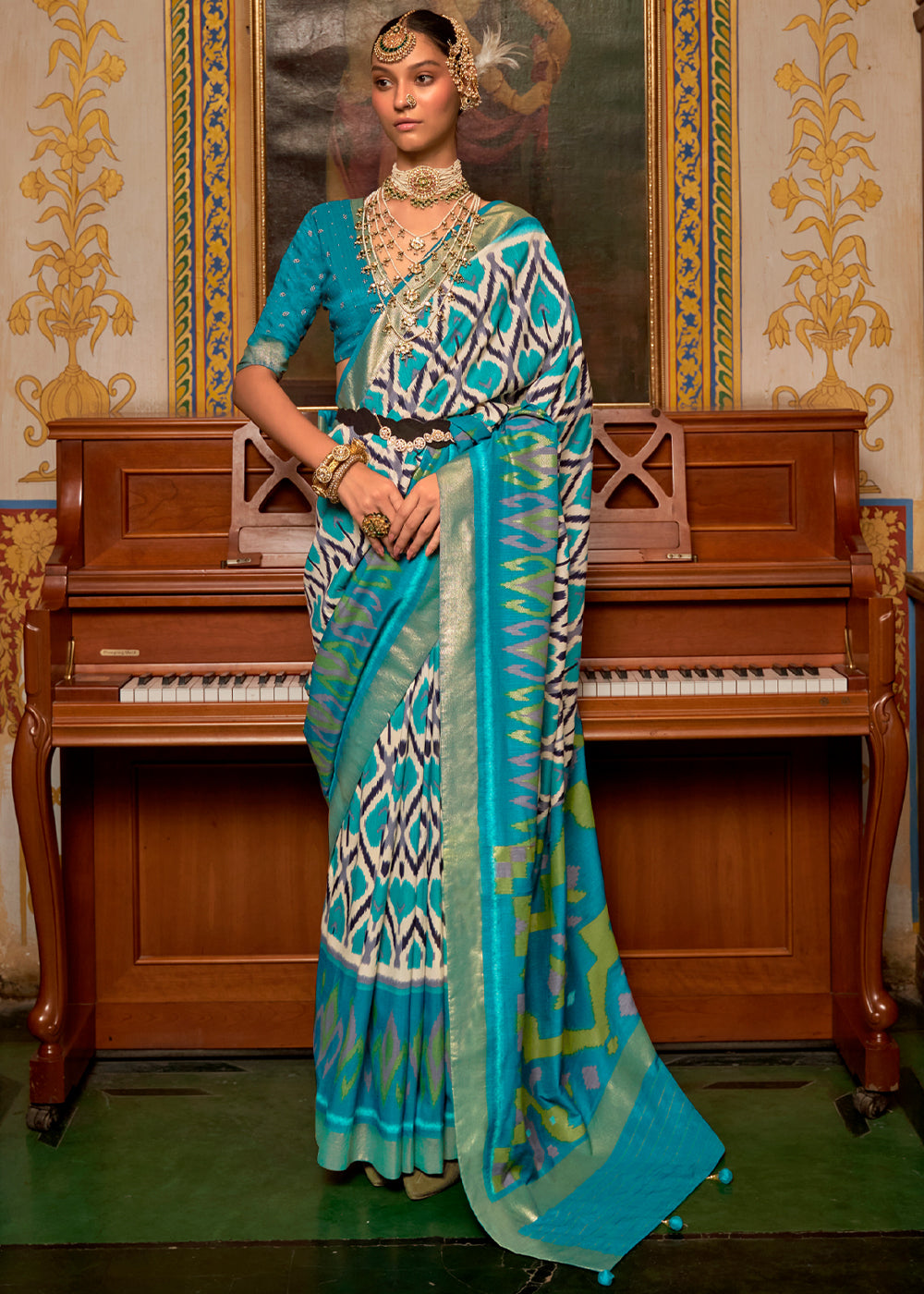 Buy MySilkLove Tradewind White and Blue Patola Silk Saree Online