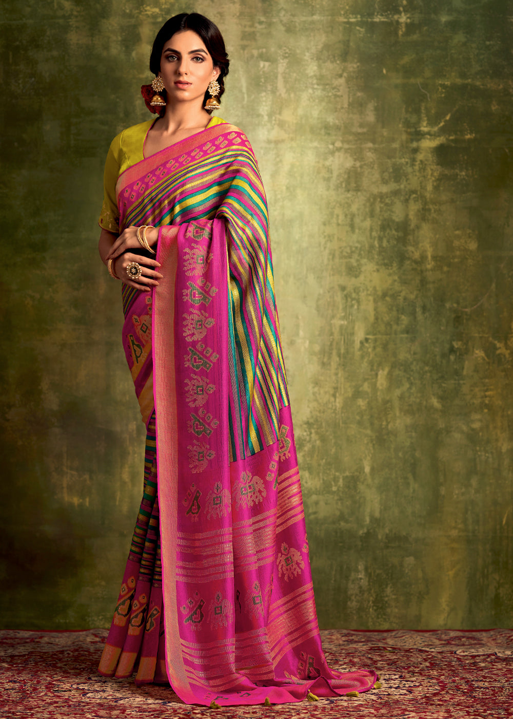 Buy MySilkLove Tulip Pink Green Multicolored Banarasi Printed Saree with Embroidered Blouse Online