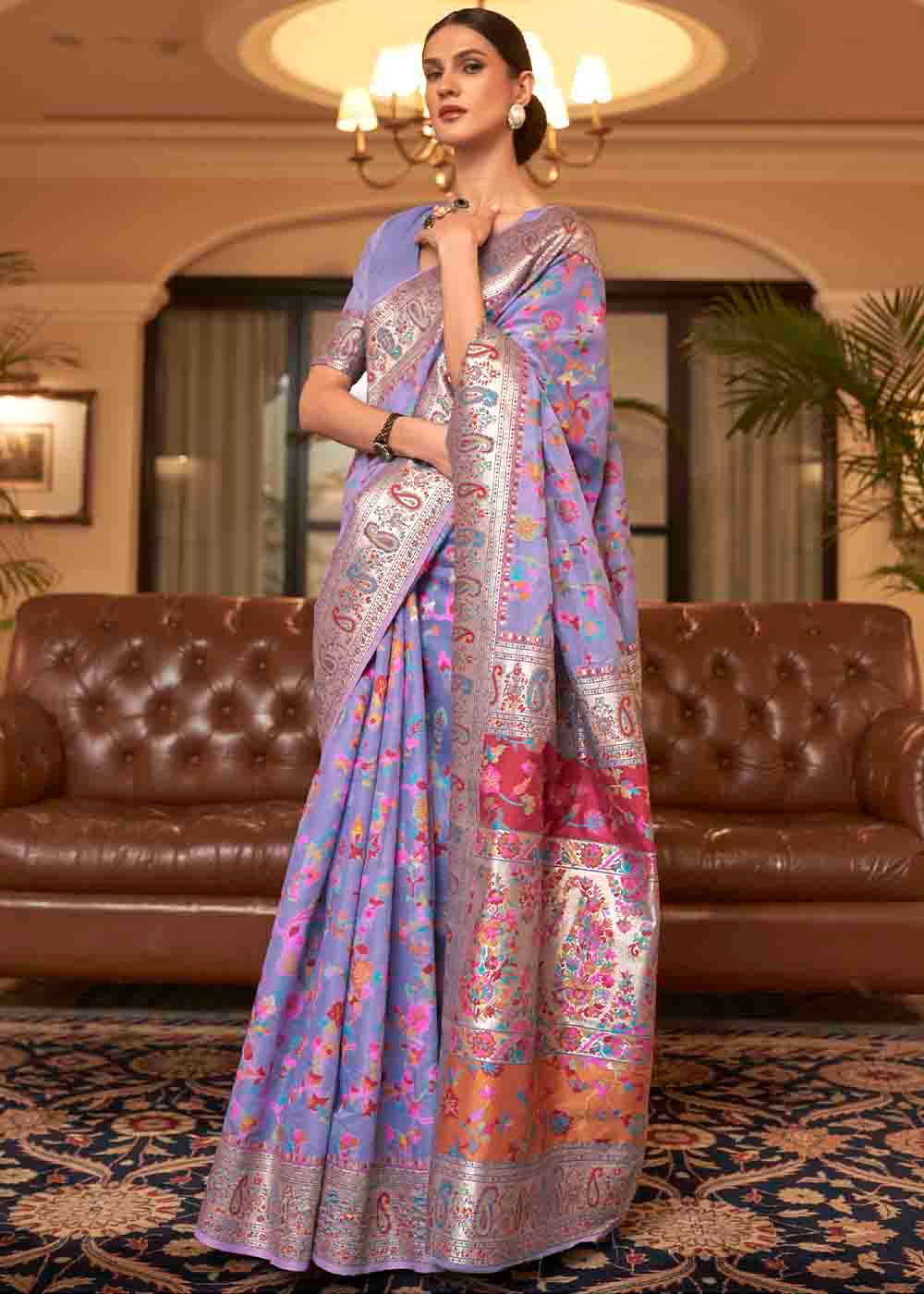 Buy MySilkLove Cold Purple Banarasi Jamawar Woven Silk Saree Online