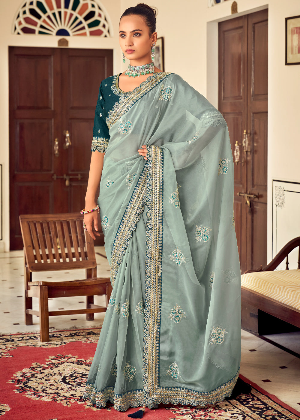 Buy MySilkLove Stack Blue Woven Banarasi Georgette Silk Saree Online