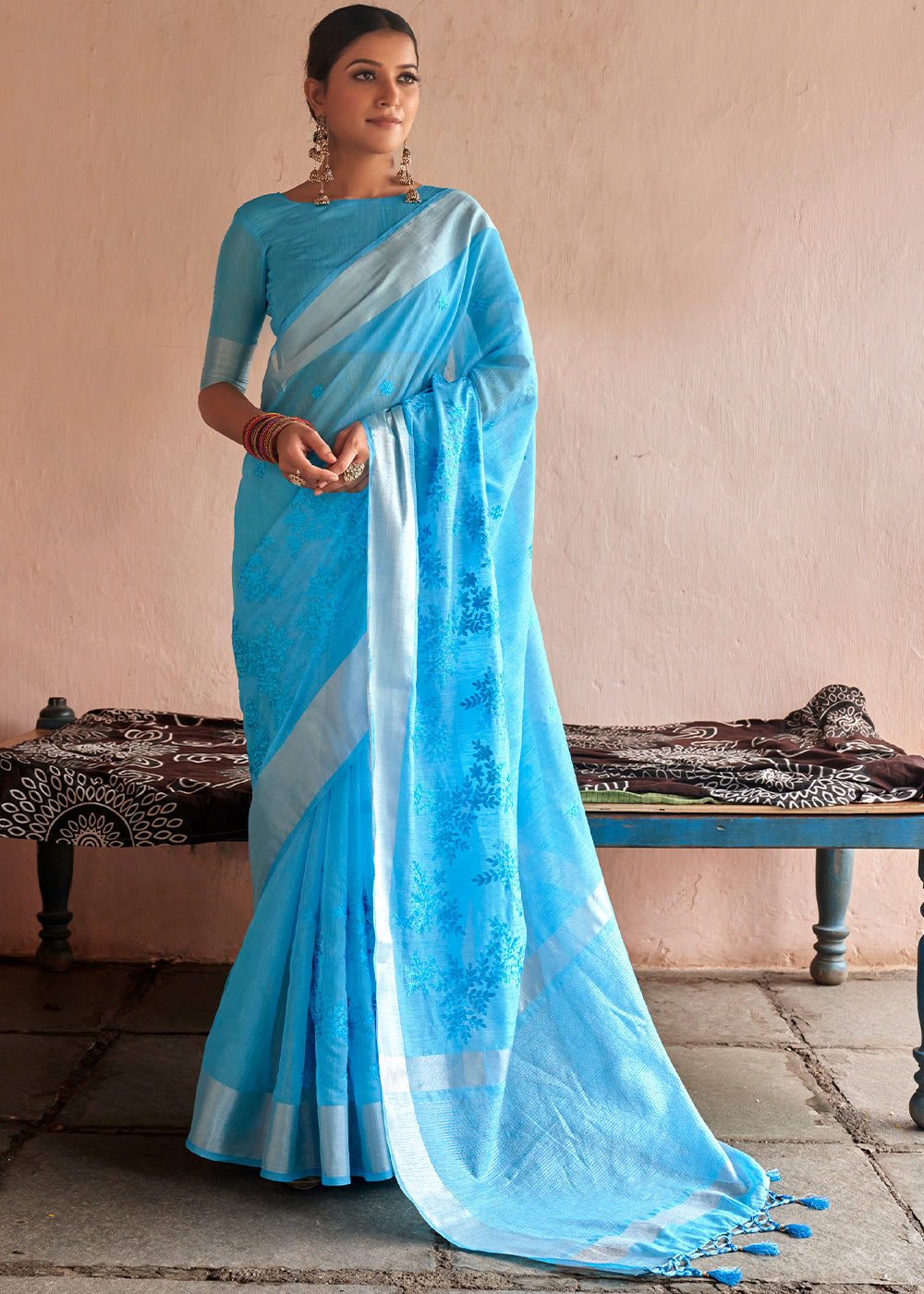 Buy MySilkLove Denim Blue Floral Embroidered Linen Saree Online