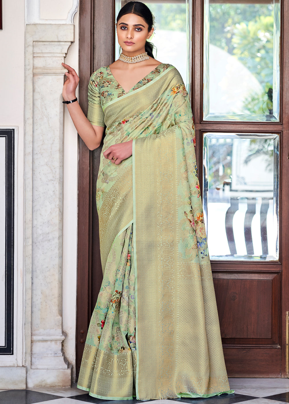 Buy MySilkLove Coriander Green Zari Woven Floral Banarasi Saree Online