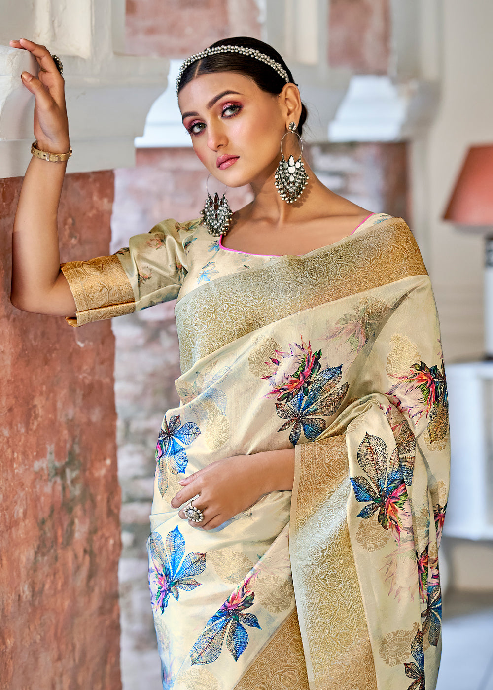 MySilkLove Mint Julep Cream Digital Printed Banarasi Saree