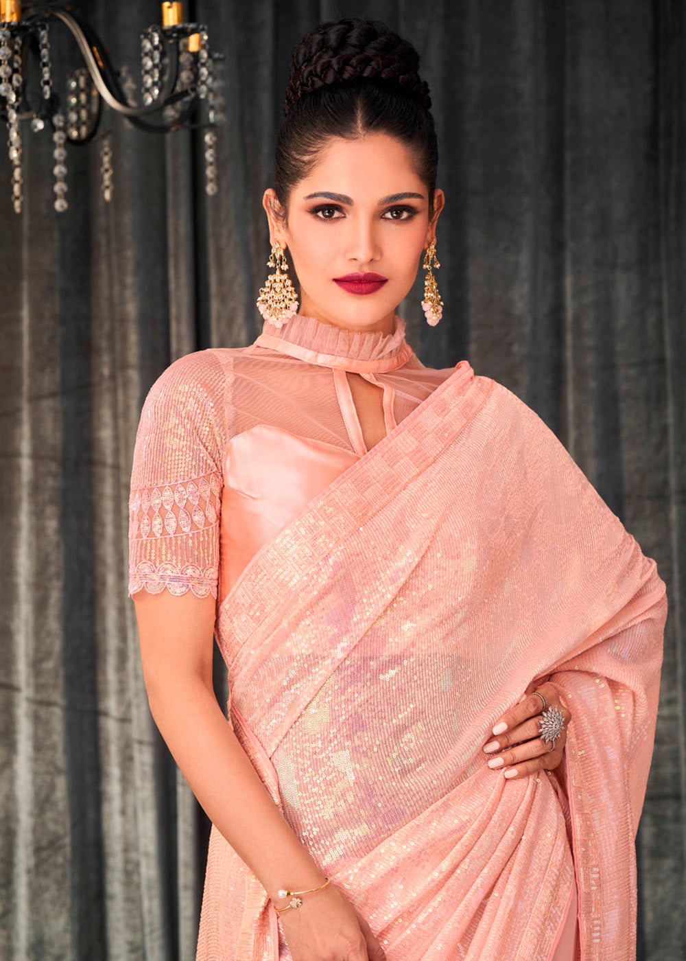 Buy MySilkLove Apricot Pink Sequins Embroidered Designer Georgette Saree Online