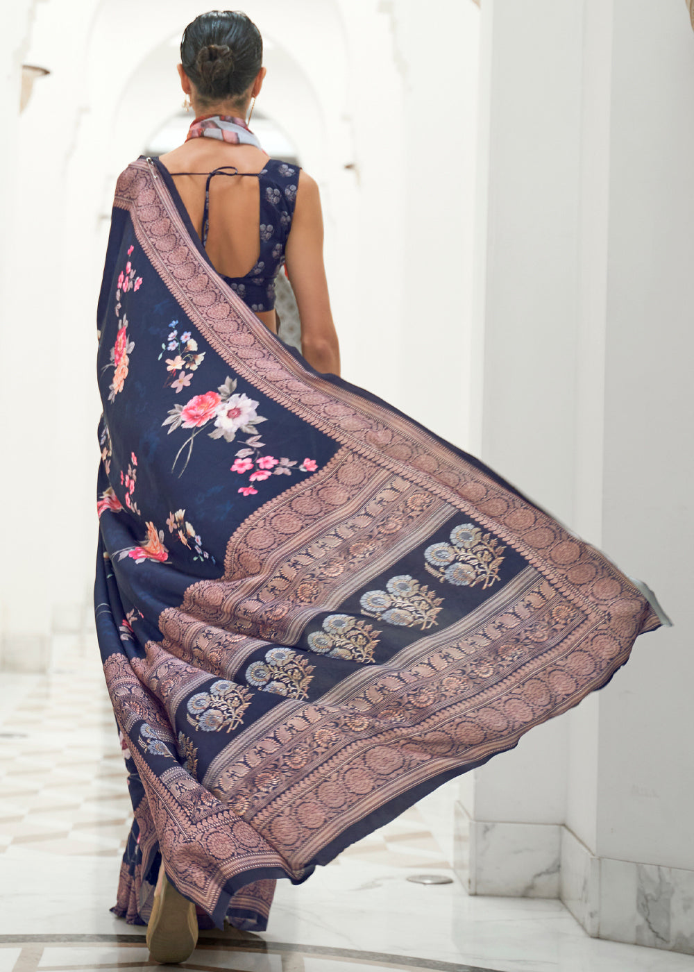 Buy MySilkLove Bright Blue Kalamkari Printed Crepe Saree Online