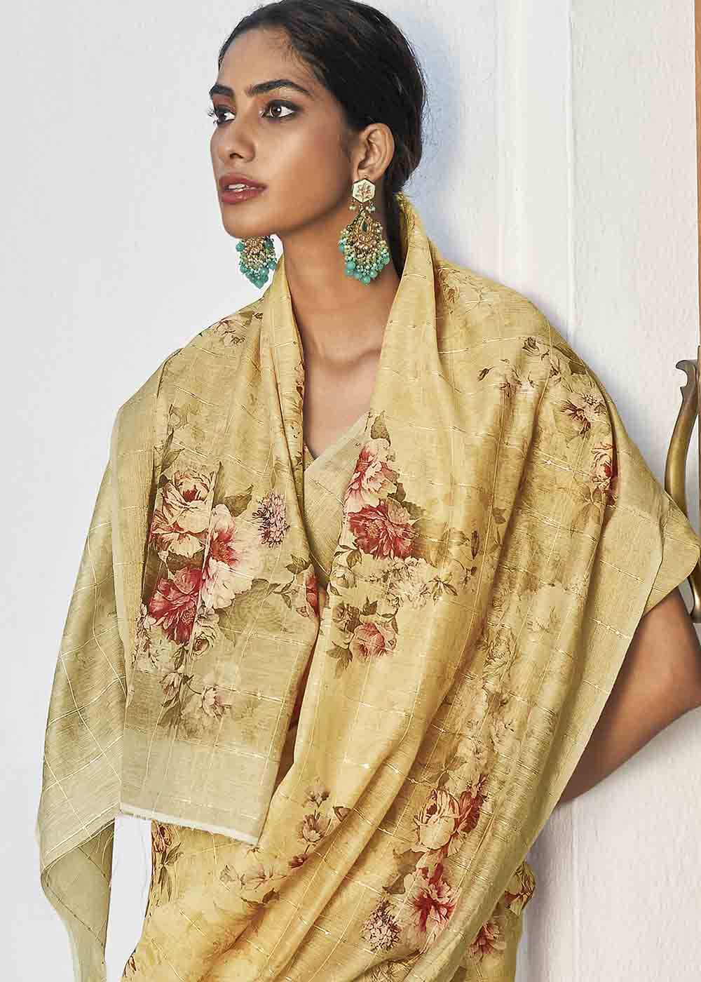 Buy MySilkLove Buttermilk Yellow Digital Floral Printed Saree Online