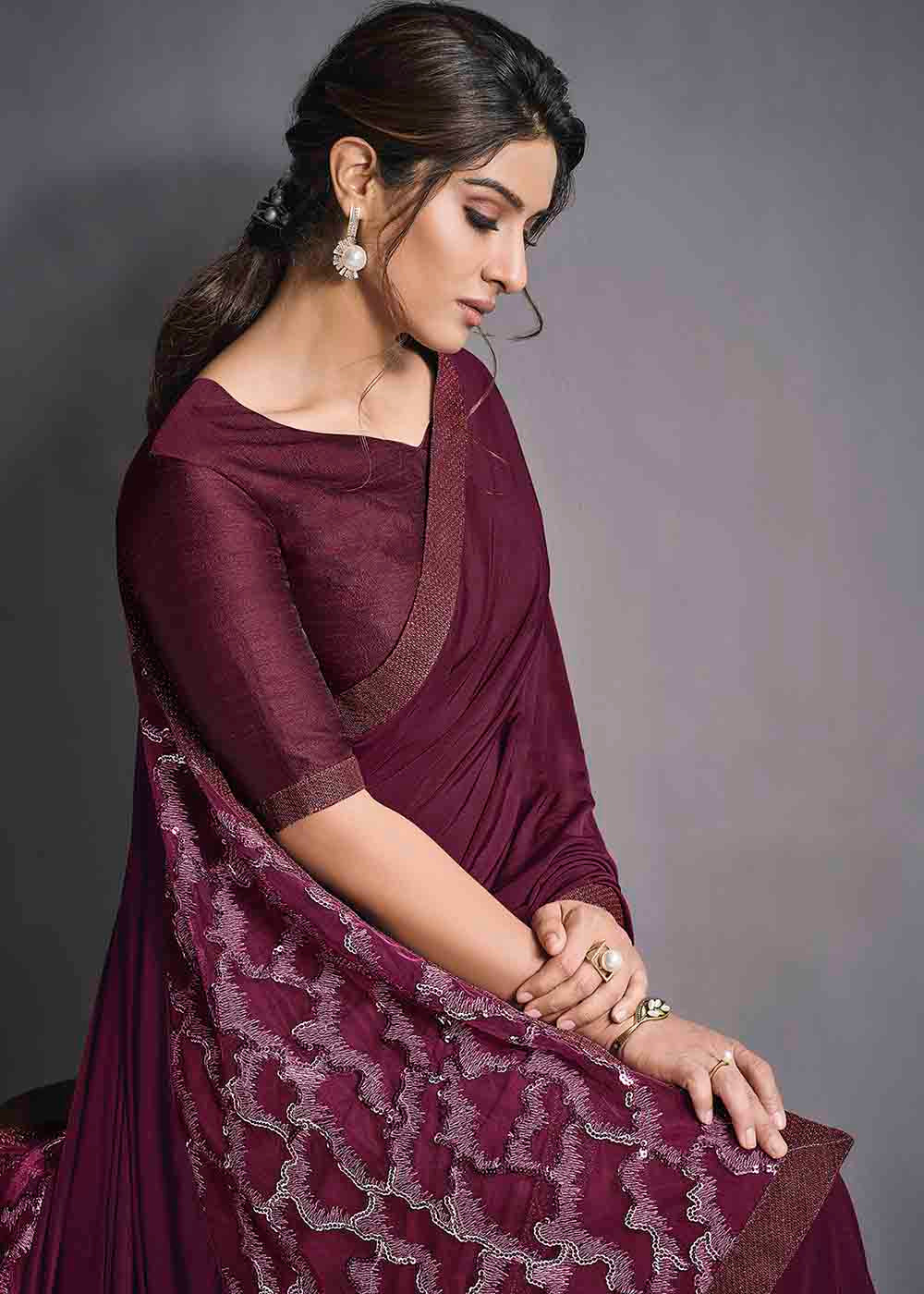 Buy MySilkLove Rose Dust Purple Designer Lycra Saree with Embroidery Work Online