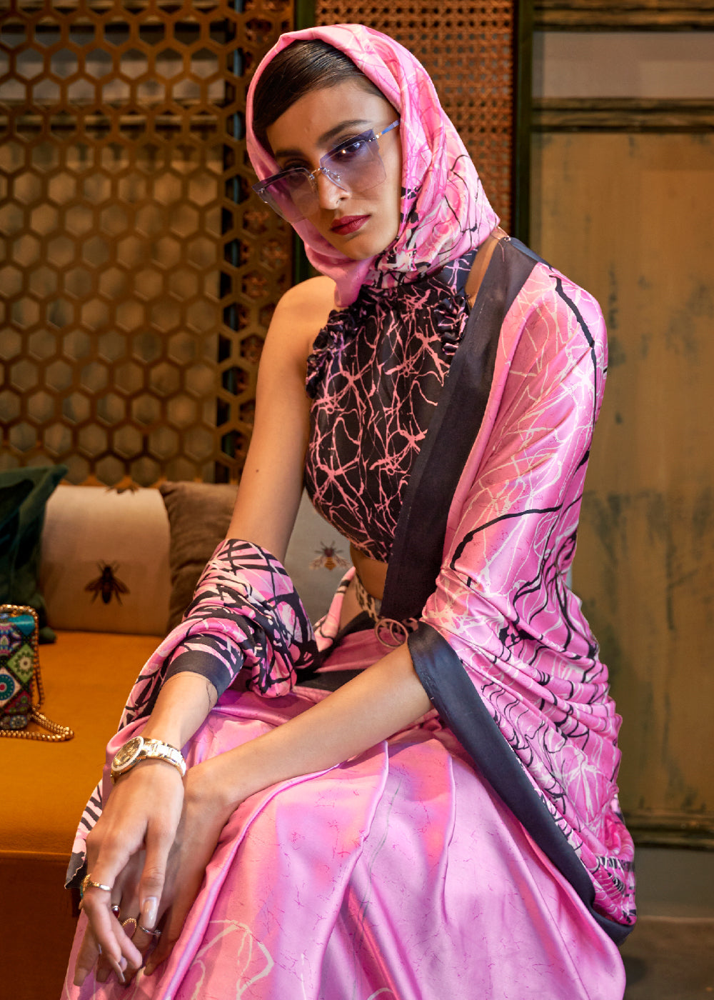 MySilkLove Viola Pink and Black Printed Satin Silk Saree