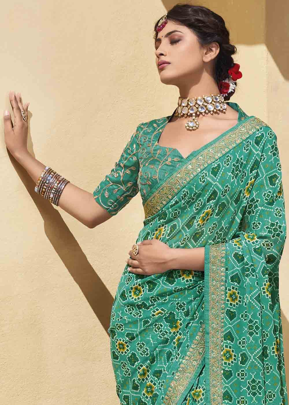 MySilkLove Jet Stream Green Patola Print Georgette Saree With Embroidered Blouse