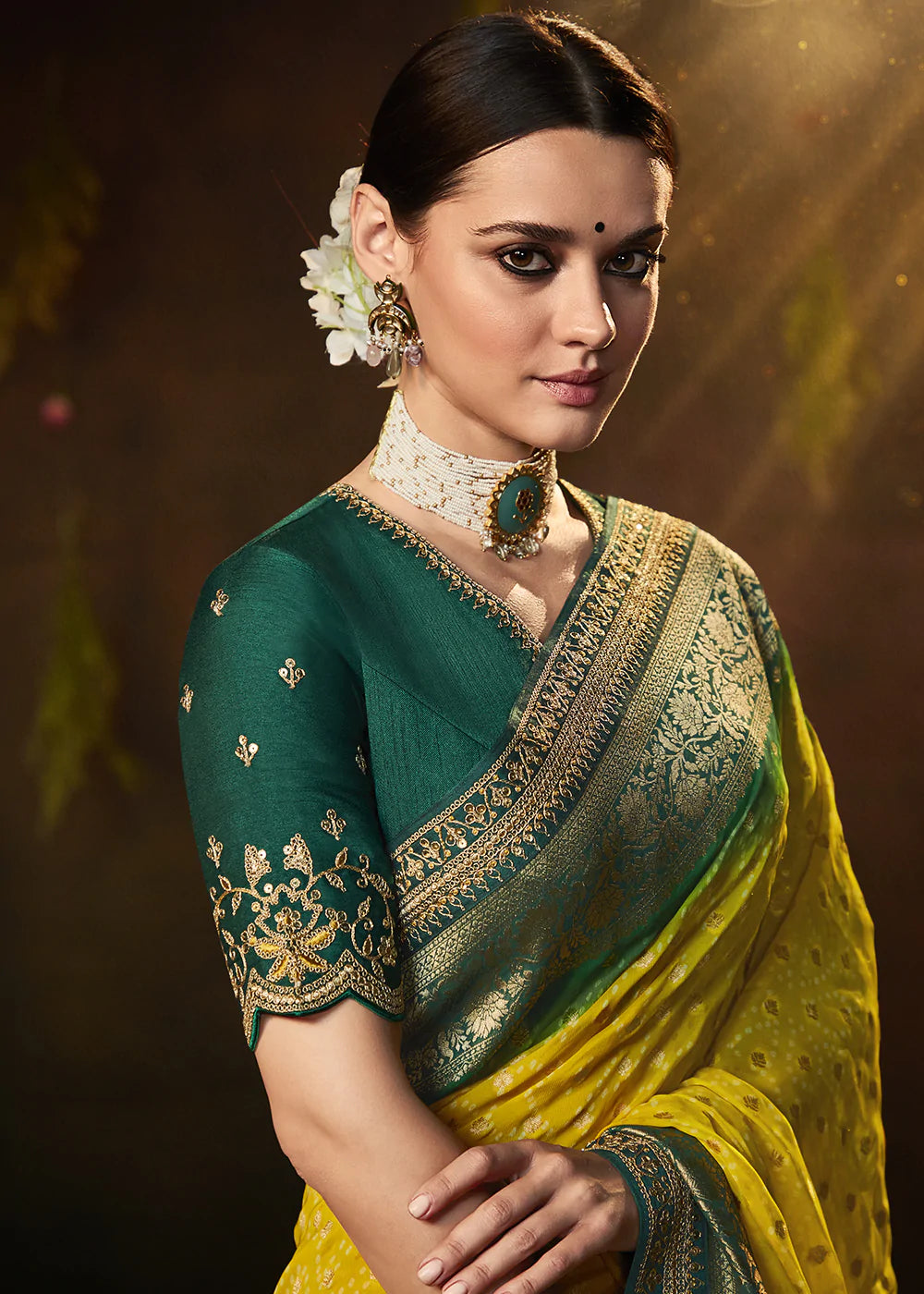 Buy MySilkLove Yellow and Green Handloom Georgette Saree with Embroidered Blouse Online