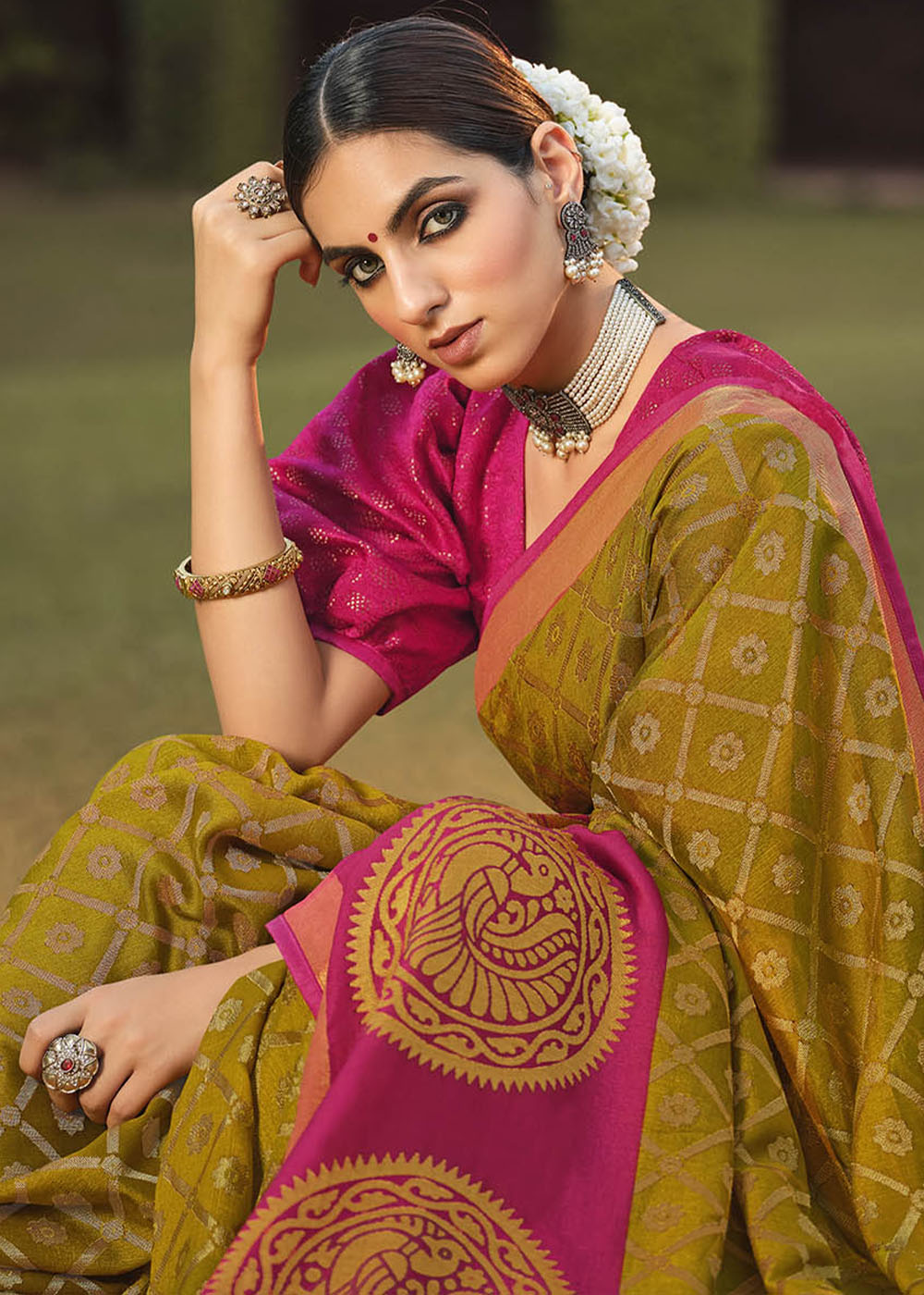 MySilkLove Marigold Green and Pink Soft Brasso Silk Saree