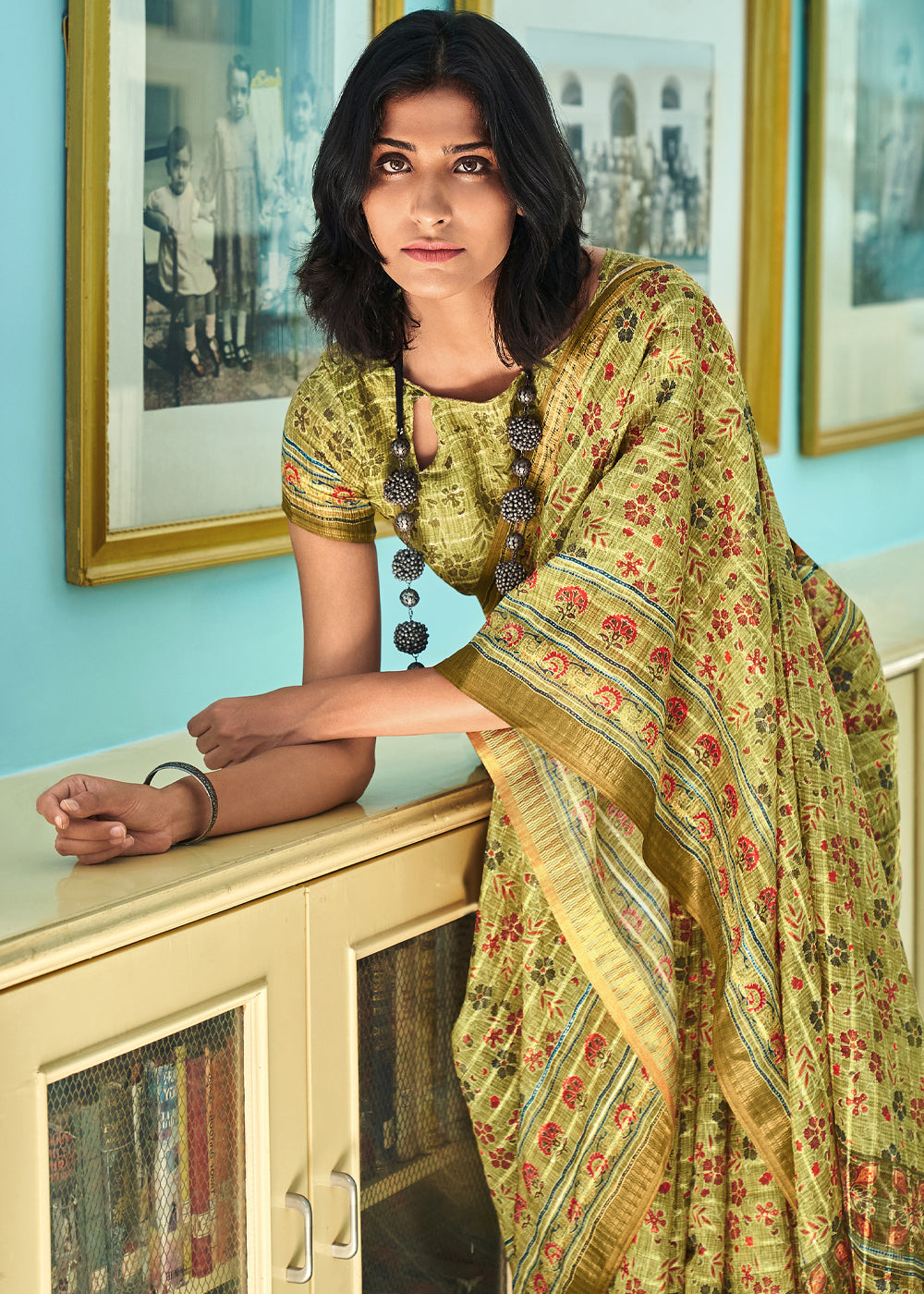 MySilkLove Laser Green Printed Linen Saree