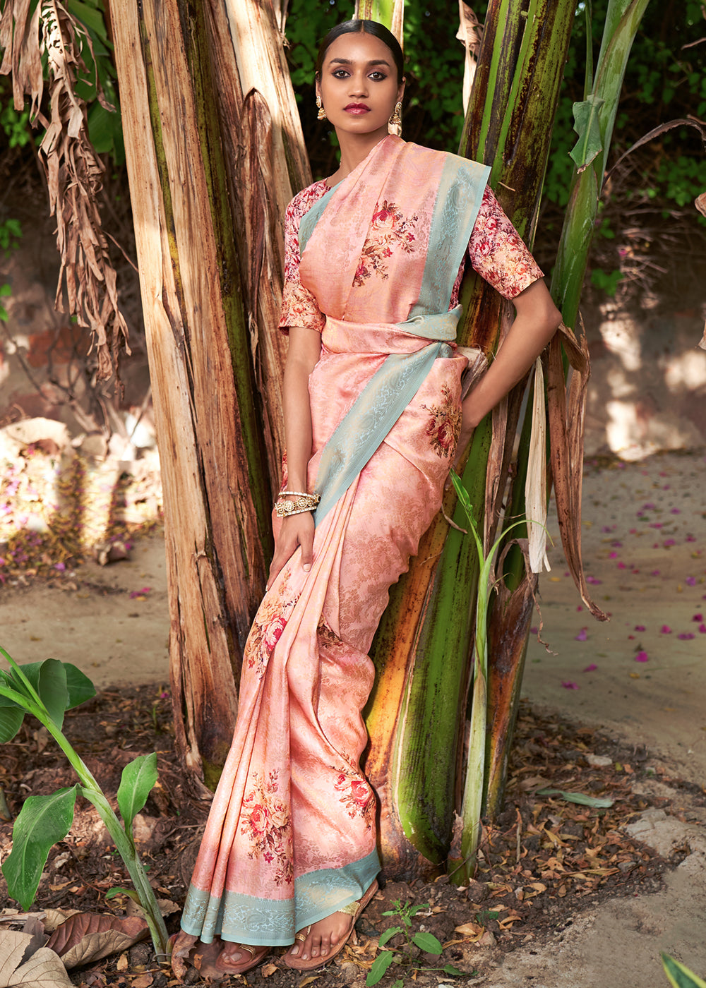 Buy MySilkLove Melon Pink Banarasi Jacquard Printed Saree Online