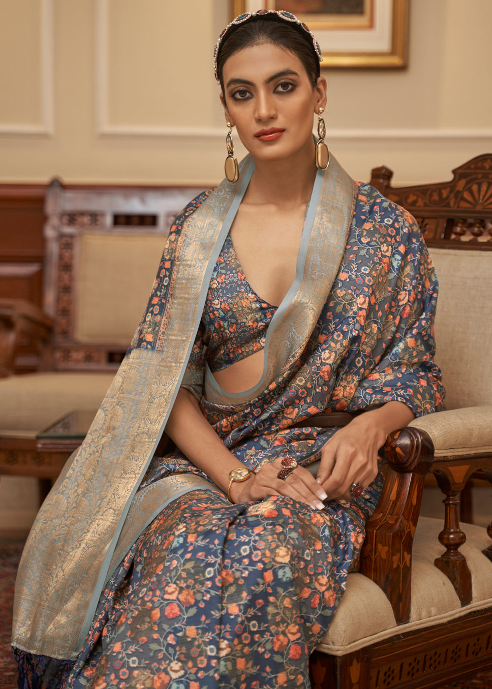 Buy MySilkLove Salt Box Grey Banarasi Digital Printed Saree Online