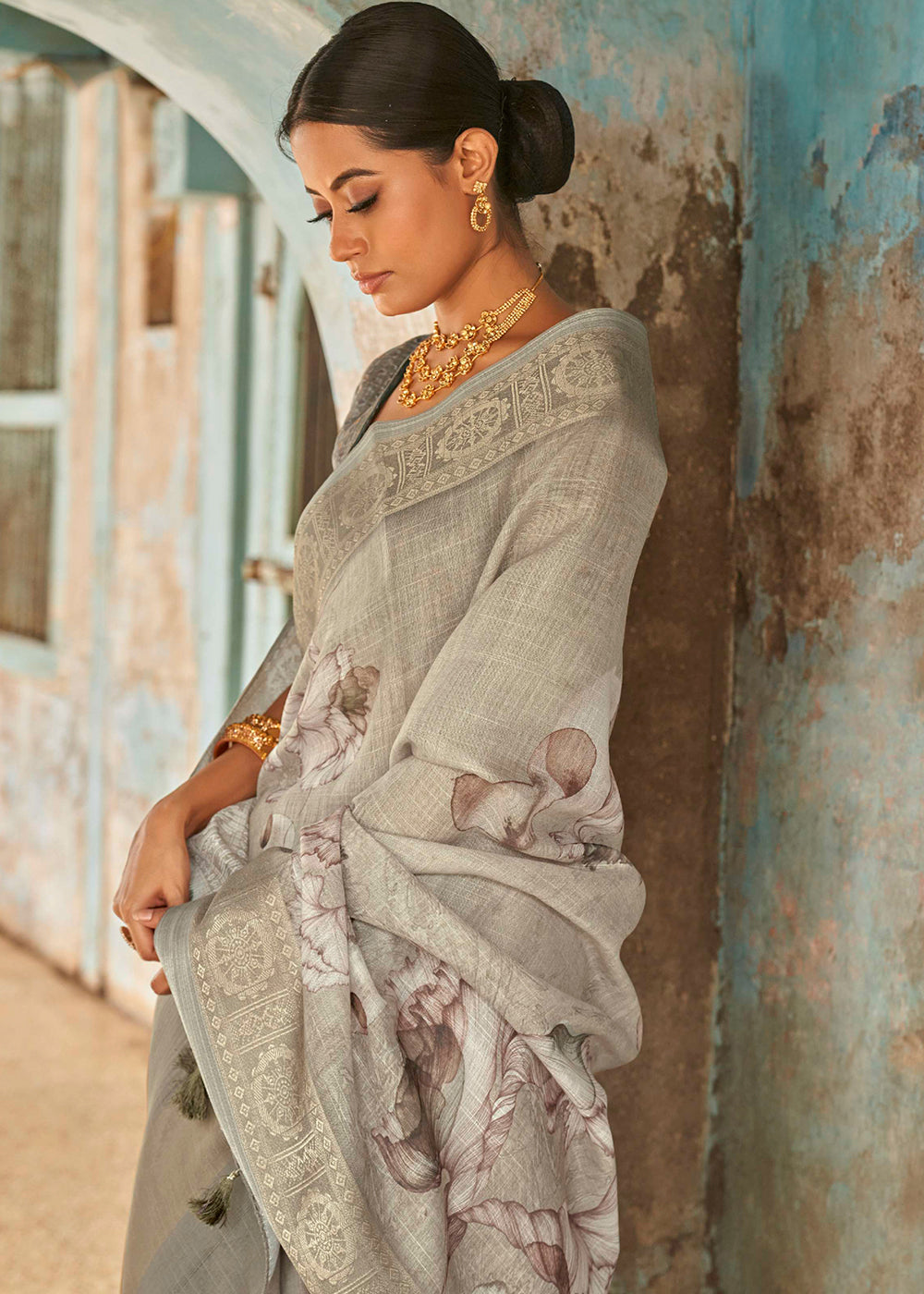 Buy MySilkLove Mongoose Light Grey Floral Printed Linen Silk Saree Online