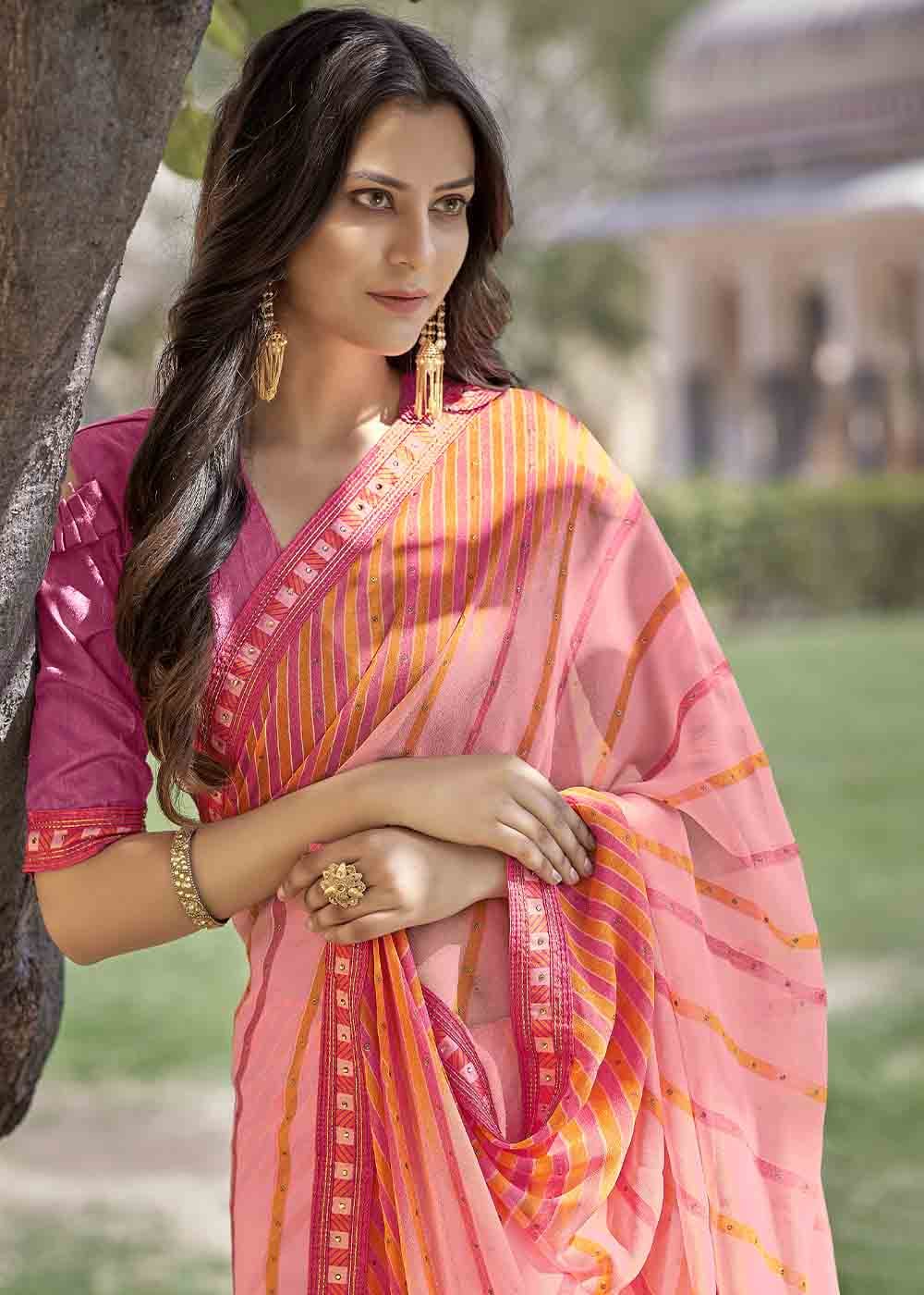 Buy MySilkLove Deep Blush Pink Printed Georgette Saree Online