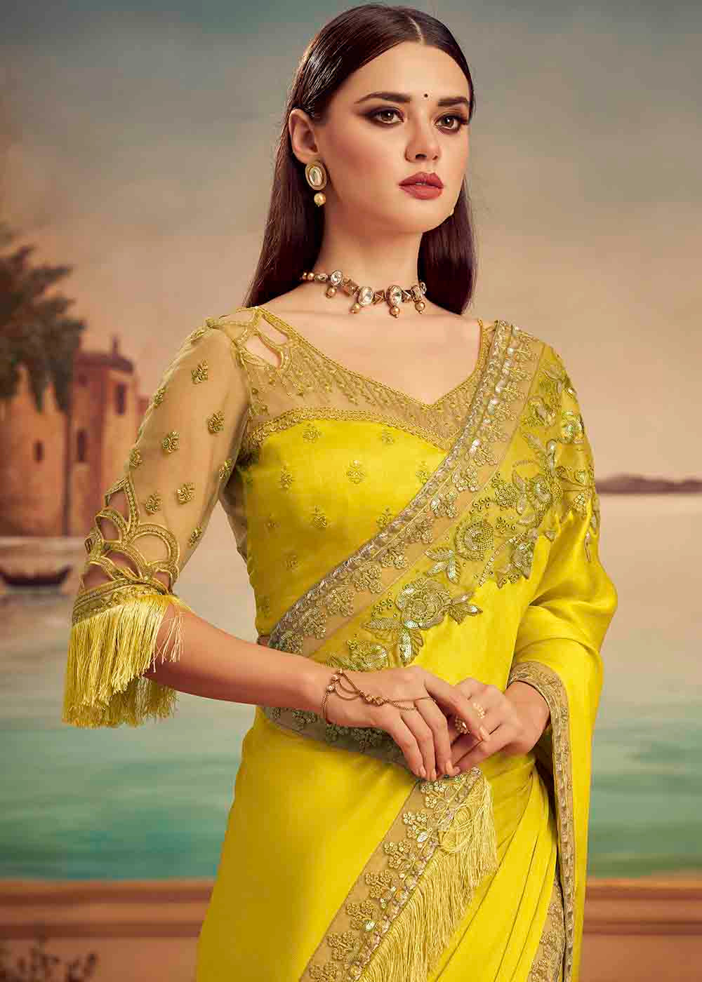 Buy MySilkLove Tulip Tree Yellow Embroidered Satin Silk Designer Saree Online