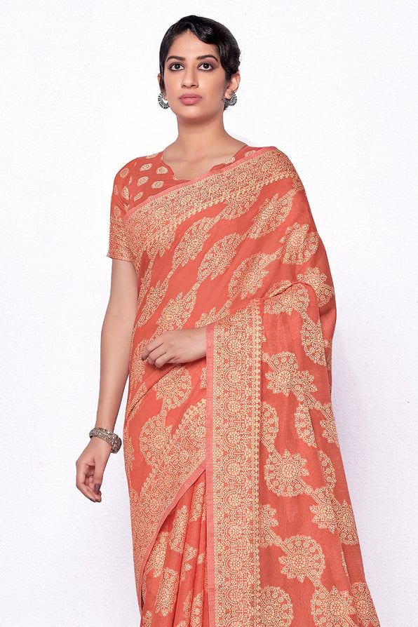 Buy MySilkLove Vivid Peach Cotton Saree Online