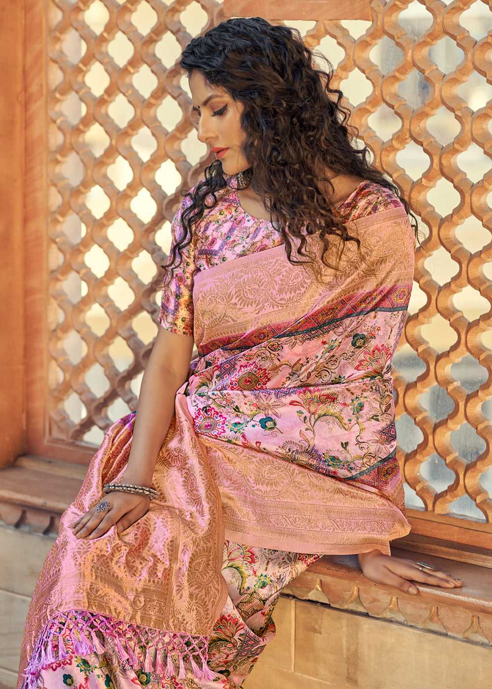 Buy MySilkLove Shimmering Pink Digital Printed Jacquard Silk Saree Online