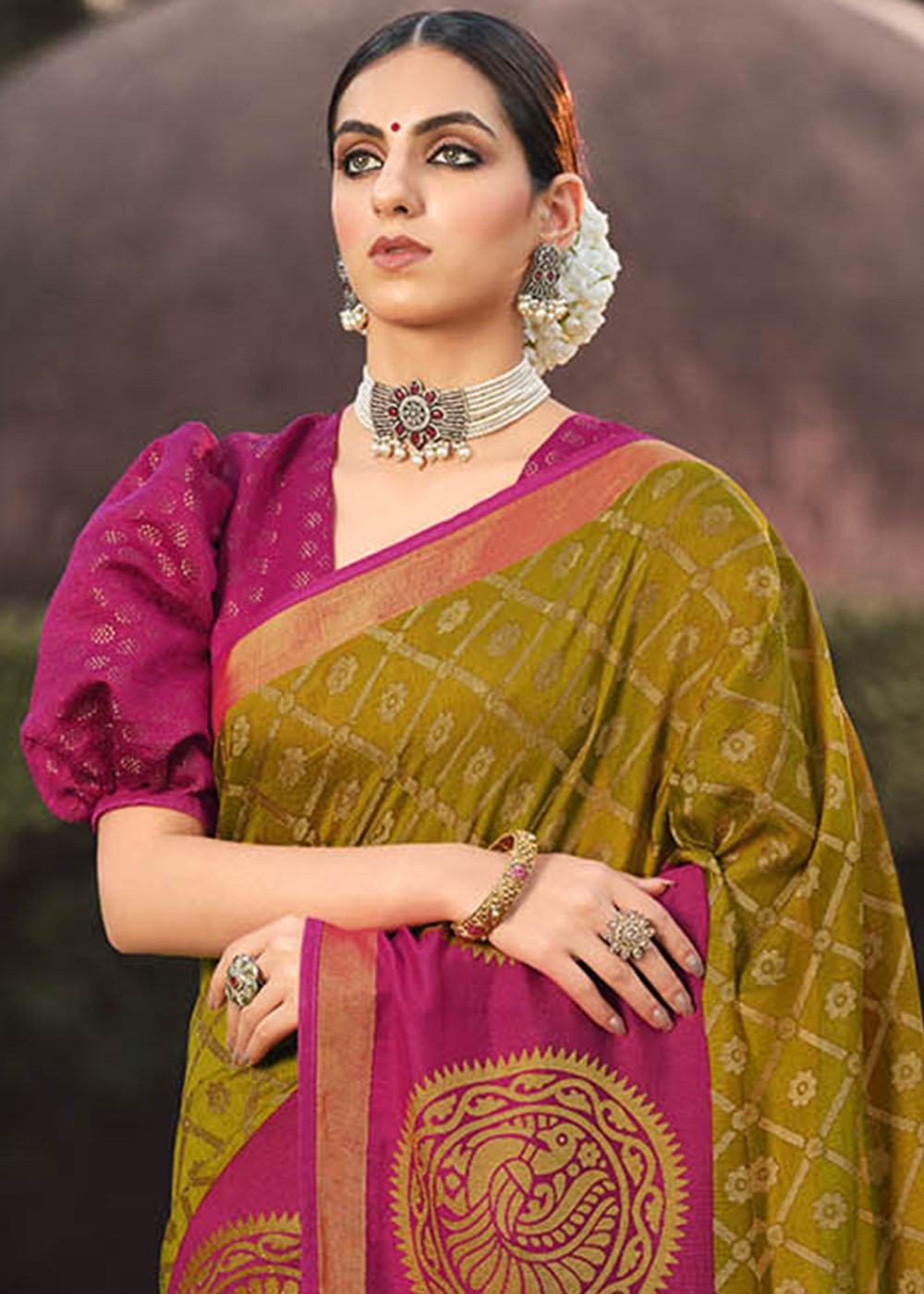 Buy MySilkLove Marigold Green and Pink Soft Brasso Silk Saree Online