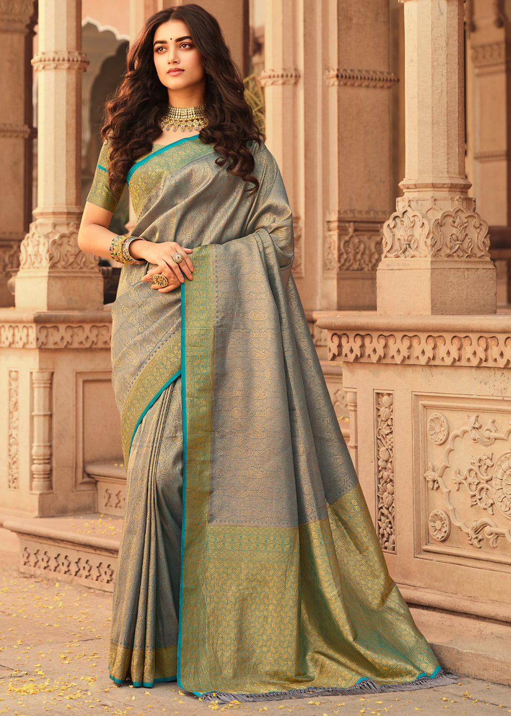 Buy MySilkLove Pale Oyster Grey and Blue Zari Woven Kanjivaram Saree Online