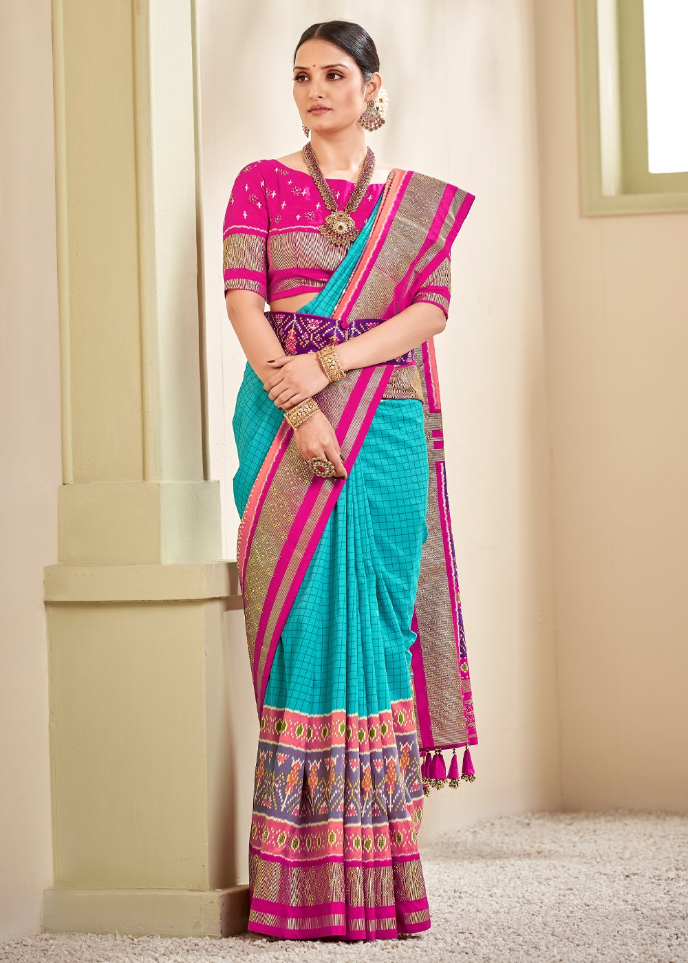 Buy MySilkLove Pelorous Blue and Pink Zari Woven Patola Silk Saree Online