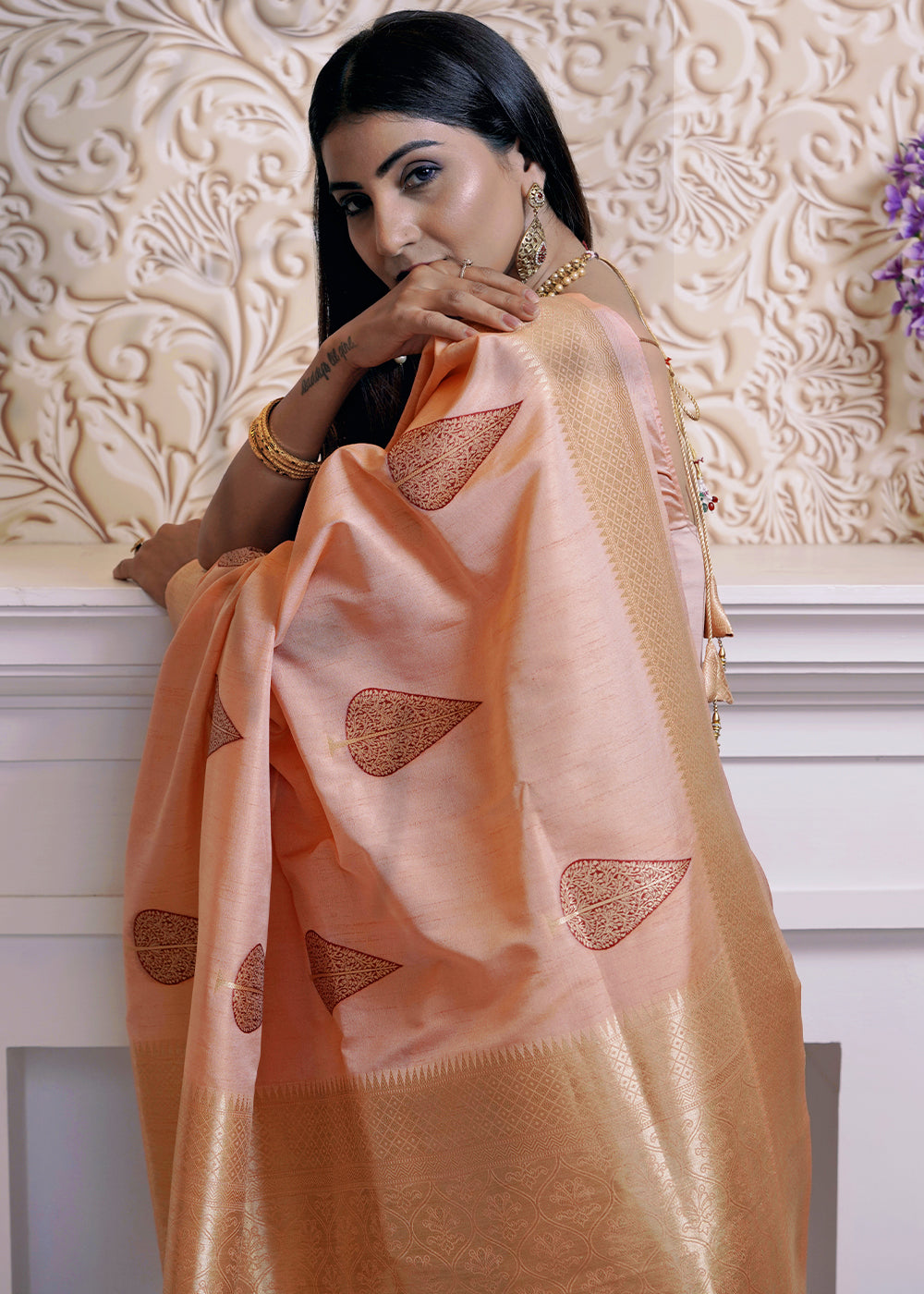 Buy MySilkLove Cavern Peach Banarasi Saree Online