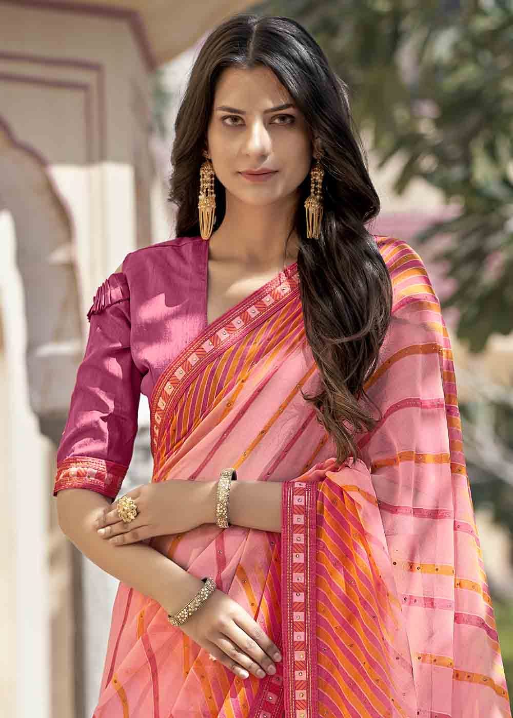 Buy MySilkLove Deep Blush Pink Printed Georgette Saree Online