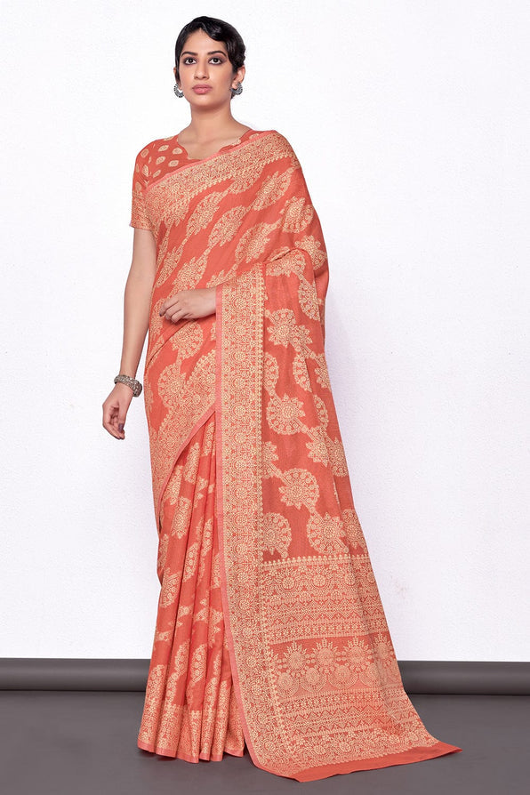 Buy MySilkLove Vivid Peach Cotton Saree Online