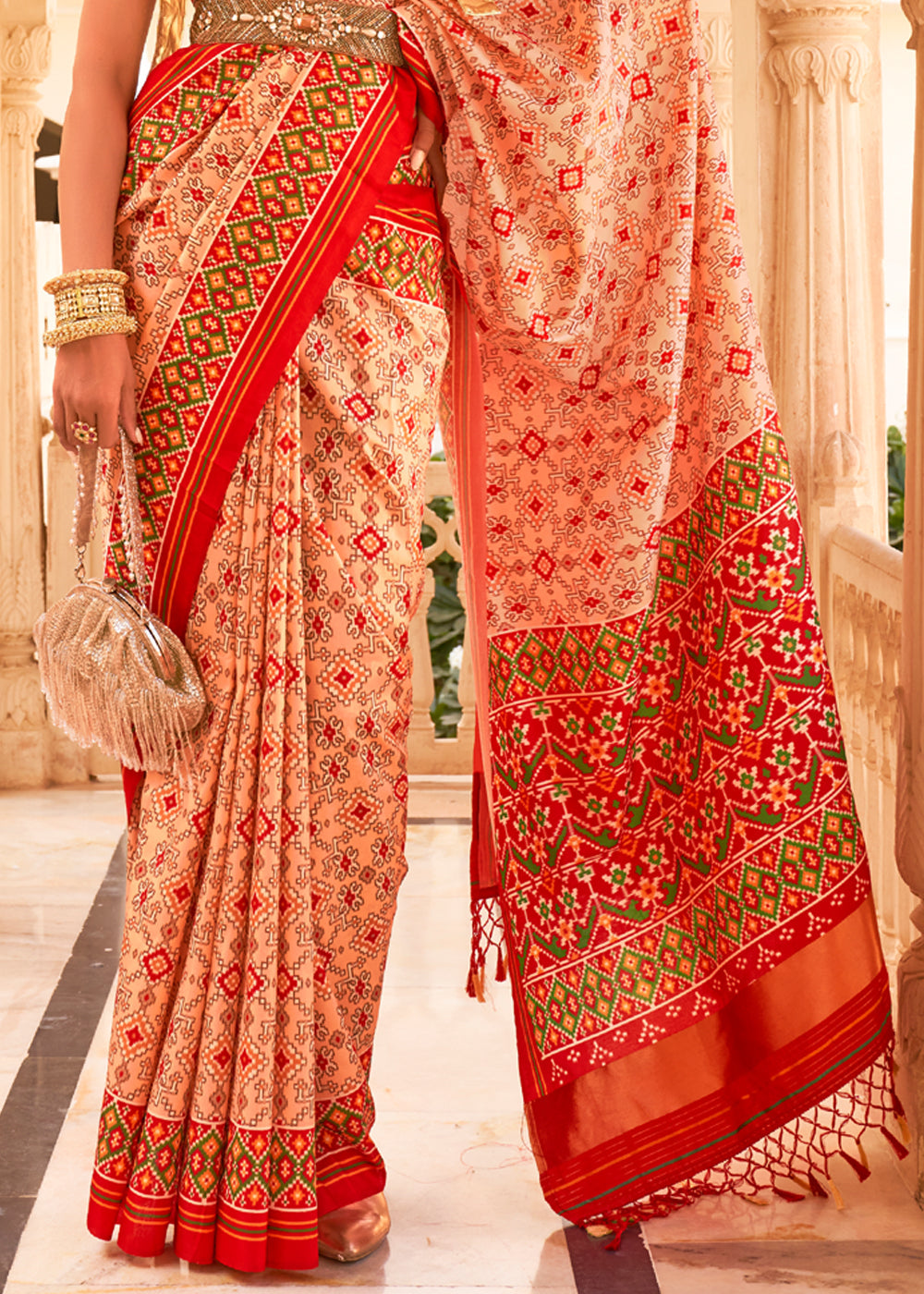 Buy MySilkLove Peach Off White and Red Printed Patola Tussar Saree Online