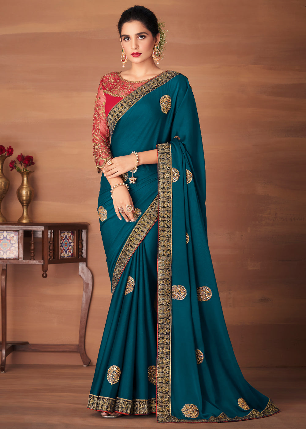 Buy MySilkLove Midnight Blue and Red Designer Saree with Embroidered Blouse Online