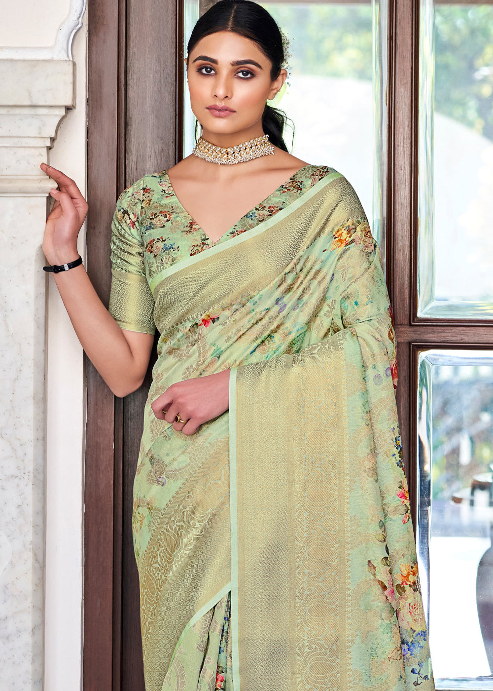 Buy MySilkLove Coriander Green Zari Woven Floral Banarasi Saree Online