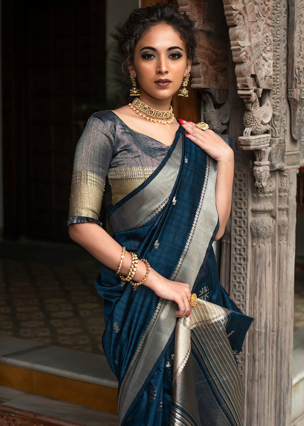 Buy MySilkLove Elephant Blue Zari Woven Tussar Silk Saree Online