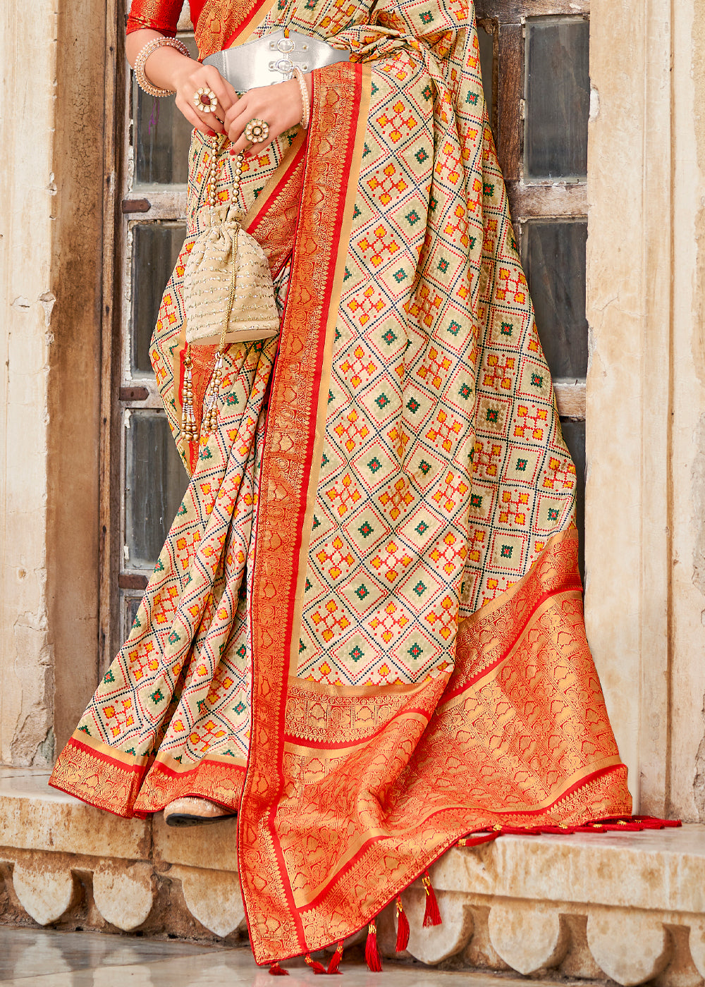 Buy MySilkLove Apricot Cream and Red Zari Woven Patola Saree Online