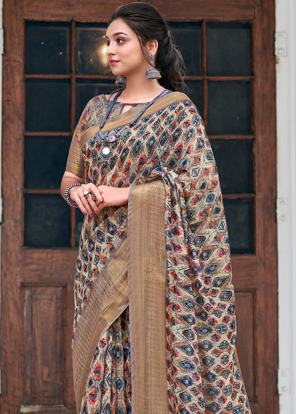 Buy MySilkLove Dirt Brown Banarasi Printed Saree Online