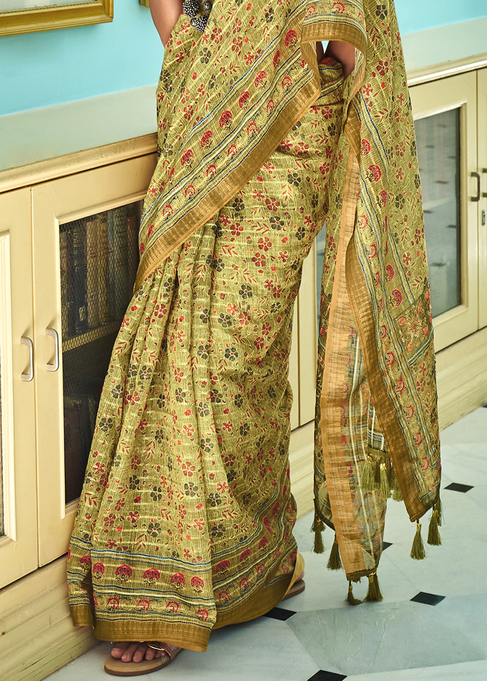 Buy MySilkLove Laser Green Printed Linen Saree Online