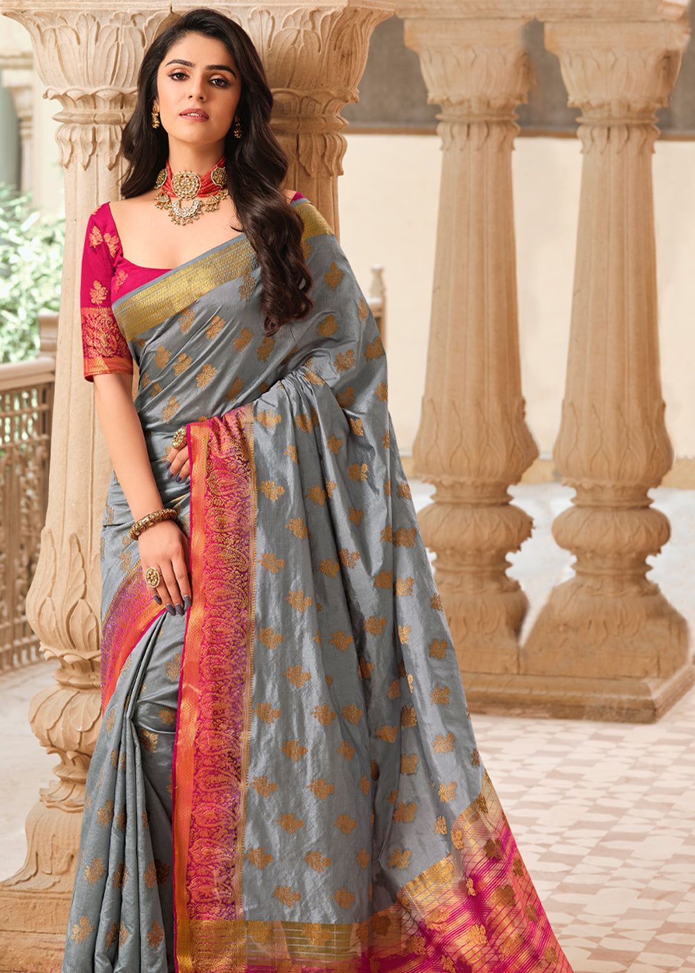 Buy MySilkLove Star Dust Grey Woven Banarasi Raw Silk Saree Online