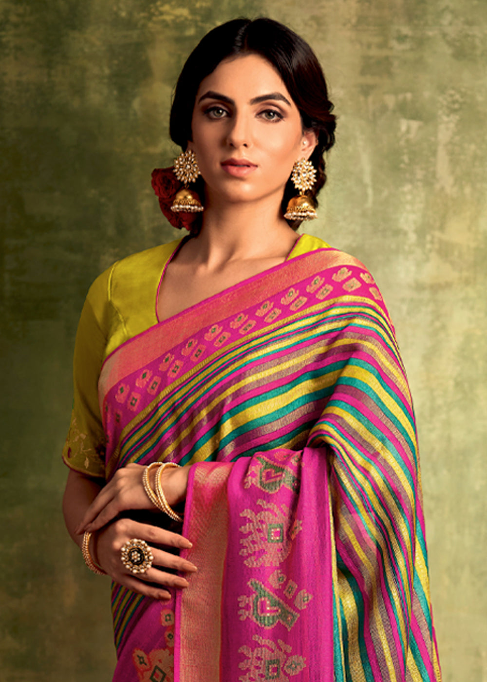 Buy MySilkLove Tulip Pink Green Multicolored Banarasi Printed Saree with Embroidered Blouse Online