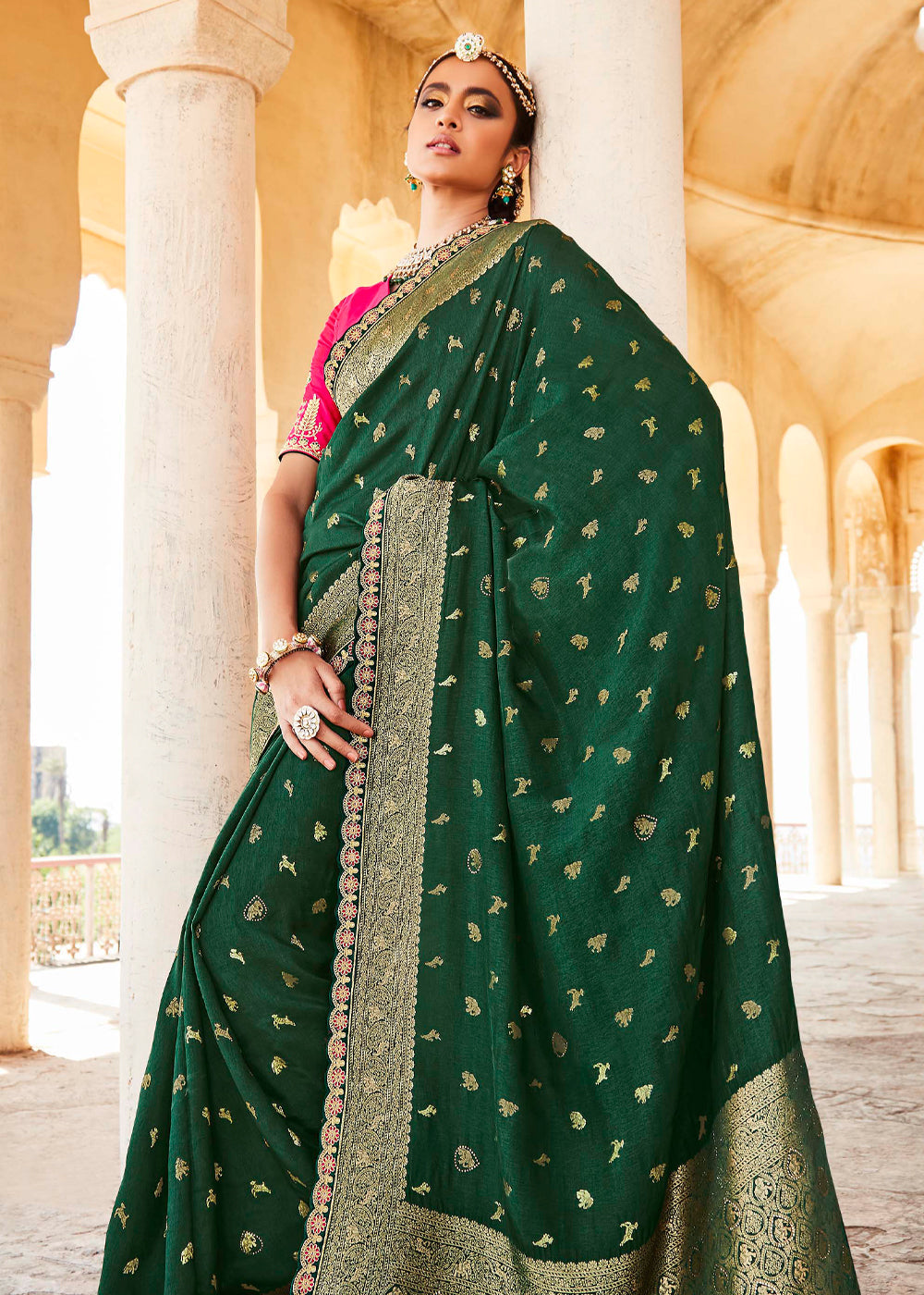 Buy MySilkLove Finlandia Green and Pink Zari Woven Designer Banarasi Saree Online